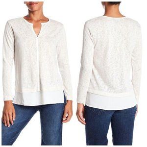 Bobeau Womens Contrast Hem Burnout Semi Sheer Long Sleeve Top Sz M